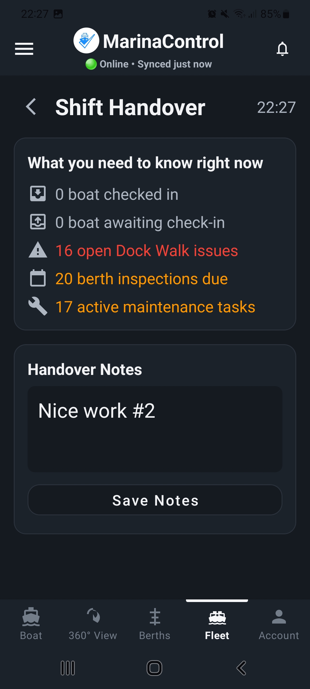 MarinaControl Shift Handover showing vessel movements, open Dock Walk issues, berth inspections, active maintenance tasks and handover notes